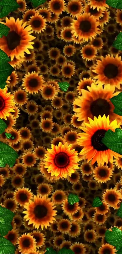 Mobile wallpaper with a sunflower pattern and green leaves.