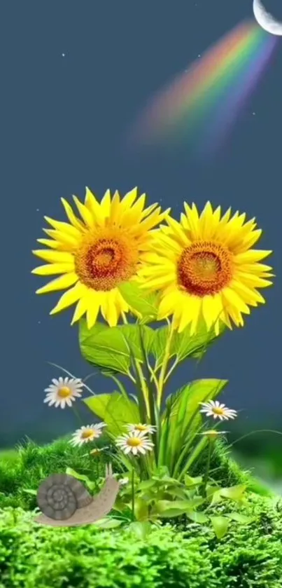 Sunflowers and rainbow under night sky with crescent moon.