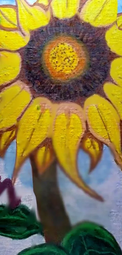 Vibrant sunflower art on a blue background with green leaves.