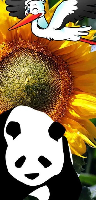 Sunflower with panda and stork illustration on a green background.