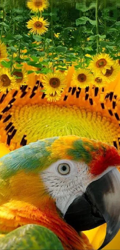 Vibrant parrot among sunflowers on a mobile wallpaper.