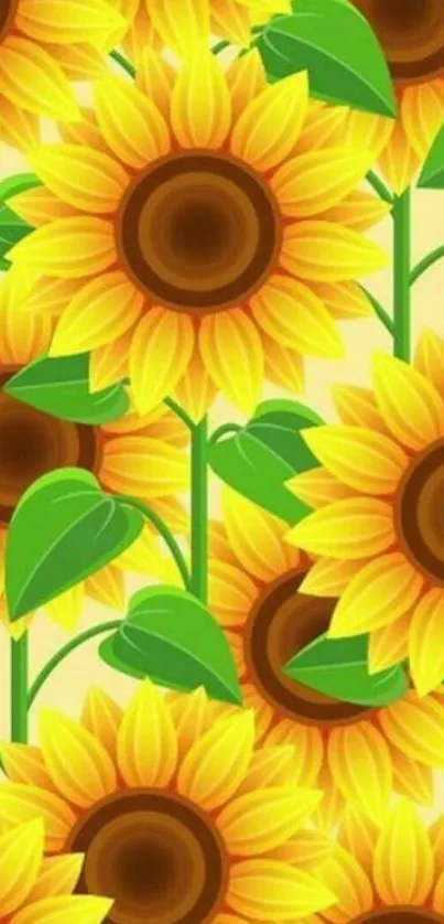 Vibrant sunflower pattern with green leaves wallpaper.