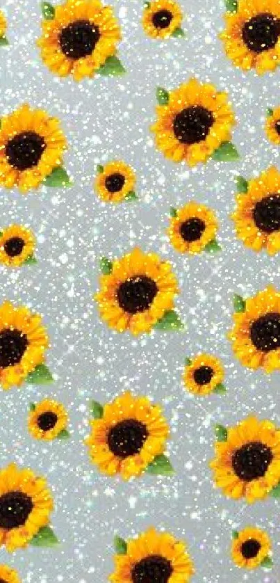 Sunflower pattern wallpaper with yellow blooms on gray background.