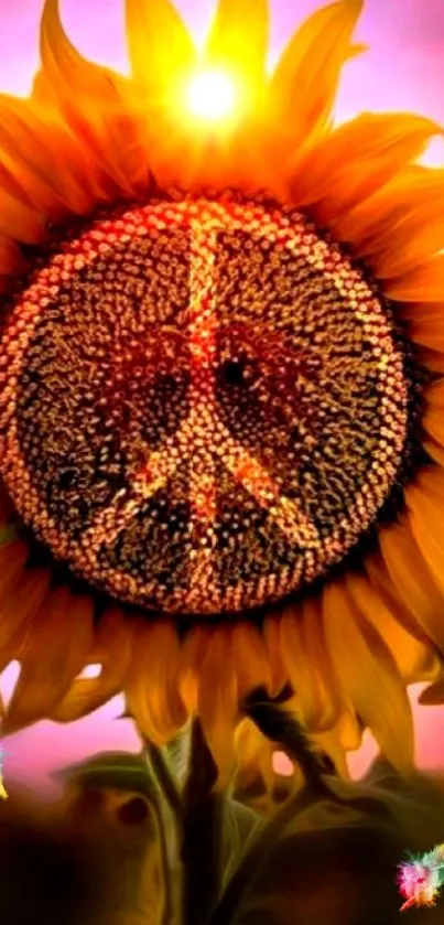 Vibrant sunflower with peace symbol against colorful sky.