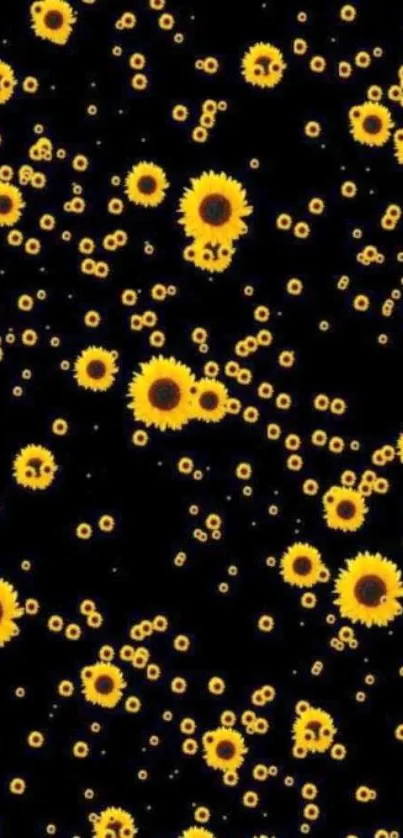 Vibrant sunflower phone wallpaper with yellow flowers on black.