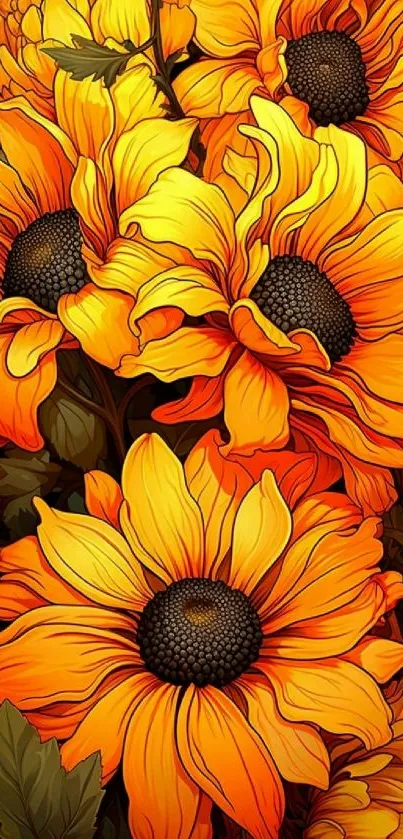 Vibrant sunflower wallpaper with orange petals and intricate details.