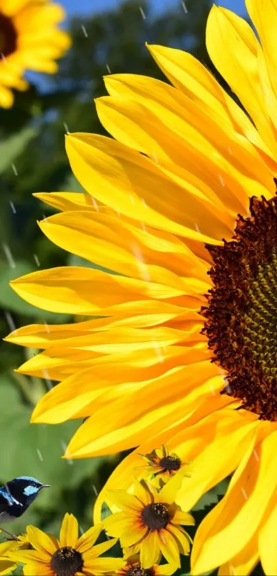 Vibrant sunflower with raindrops and a small bird in nature.