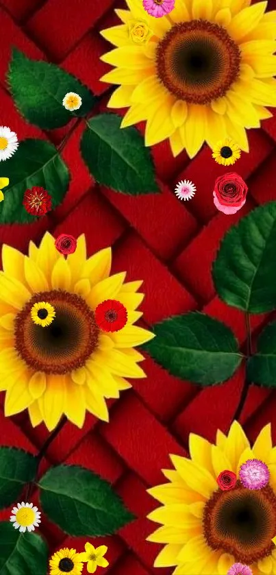 Vibrant mobile wallpaper with sunflowers on red background.