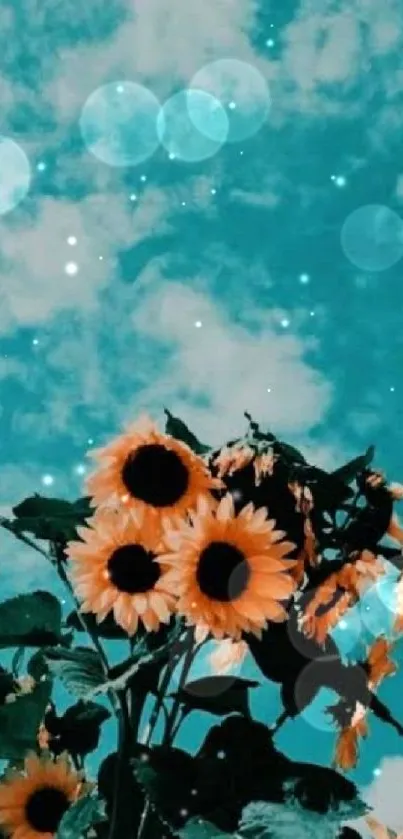 Sunflower wallpaper with a teal blue sky background and fluffy clouds.