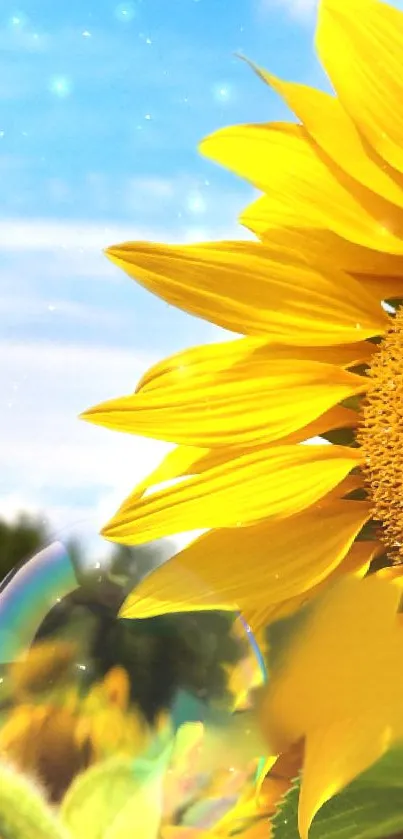 Vibrant sunflower against a bright blue sky with bubbles.