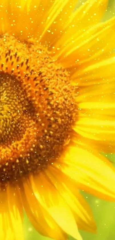 Close-up of a sparkling sunflower, showcasing bright yellow petals.