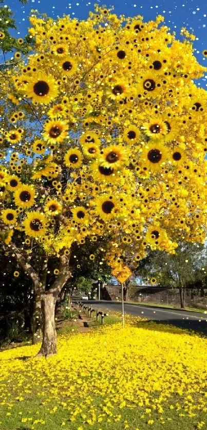 Sunflowers bloom on a vibrant tree with a bright sky.