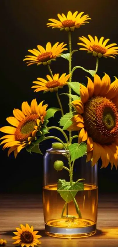 Vibrant sunflowers arranged in a glass vase against a dark backdrop.