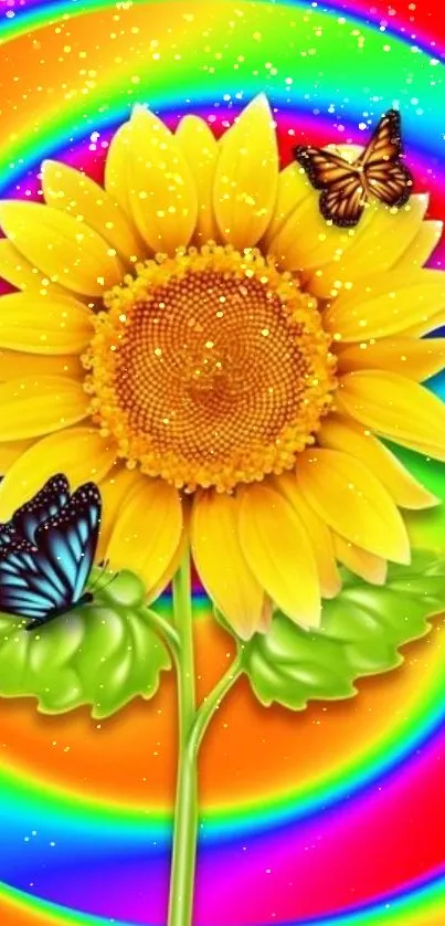 Vibrant sunflower with colorful background and butterflies.