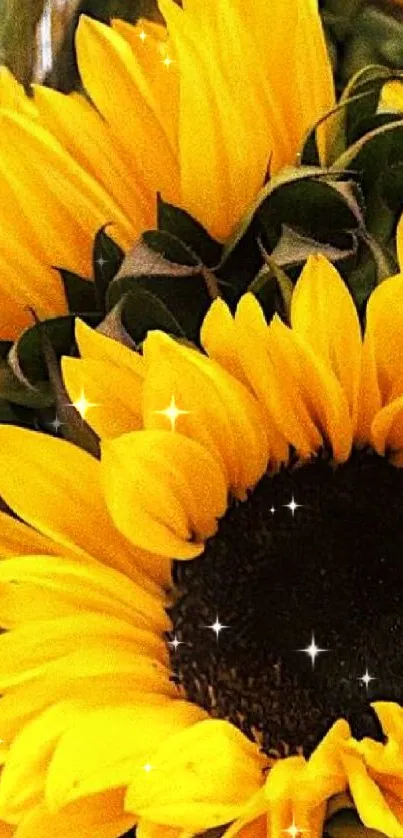 Bright yellow sunflowers with dark centers in closeup view.