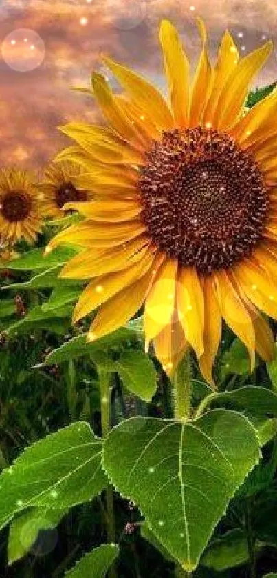 Sunflower in a vibrant field under a dramatic sunset sky.