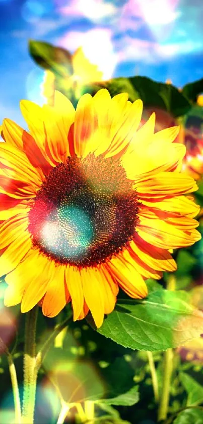 Bright sunflower in green field under blue sky.