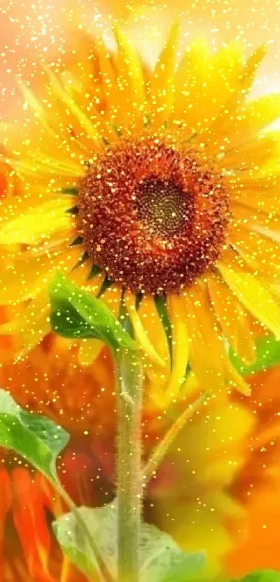 Vibrant sunflower with yellow petals and green leaves in bright sunlight.