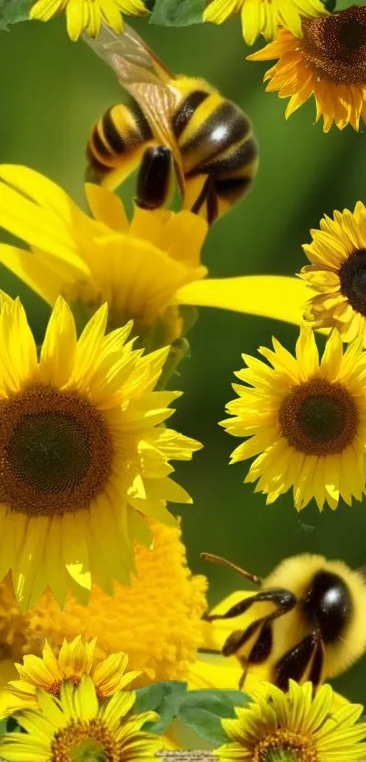 Vibrant sunflowers with bees in a bright and cheerful wallpaper.