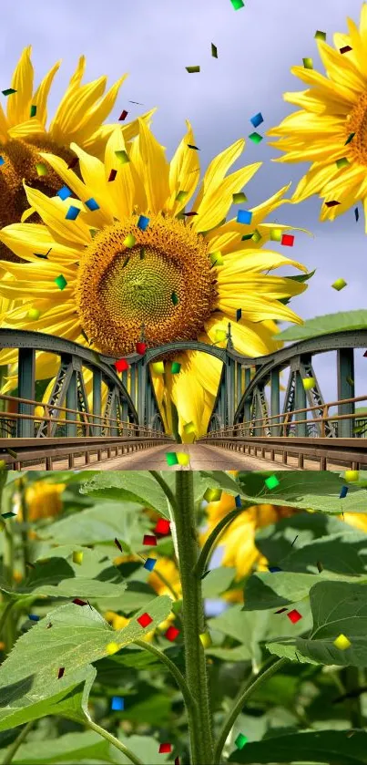 Sunflowers and a bridge with colorful confetti.