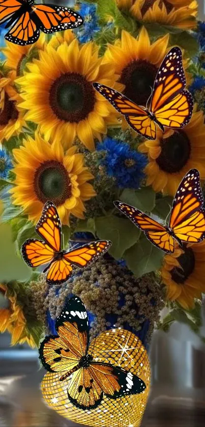 A vibrant bouquet of sunflowers with butterflies.