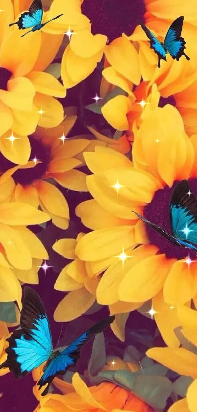 Yellow sunflowers with blue butterflies wallpaper.