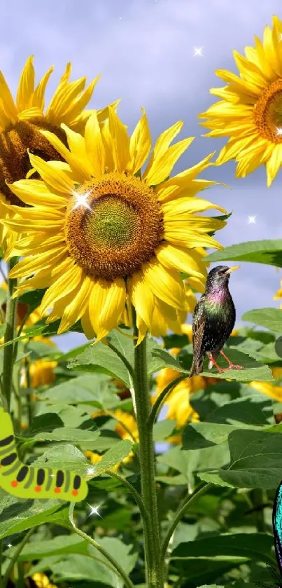 Sunflowers with a bird, butterfly, and caterpillar under blue sky.