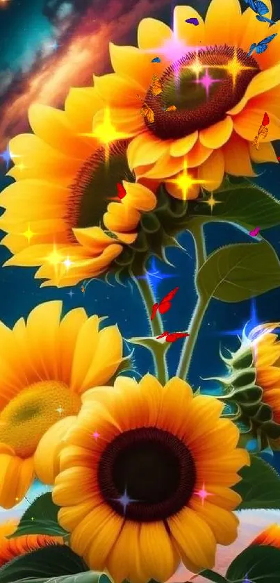 Sunflowers with a cosmic background forming a vibrant mobile wallpaper.