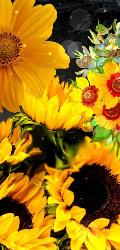 Vibrant sunflower and floral bouquet wallpaper with dark background.