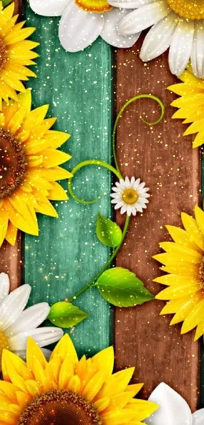 Vibrant sunflower and daisy wallpaper with rustic wood background.