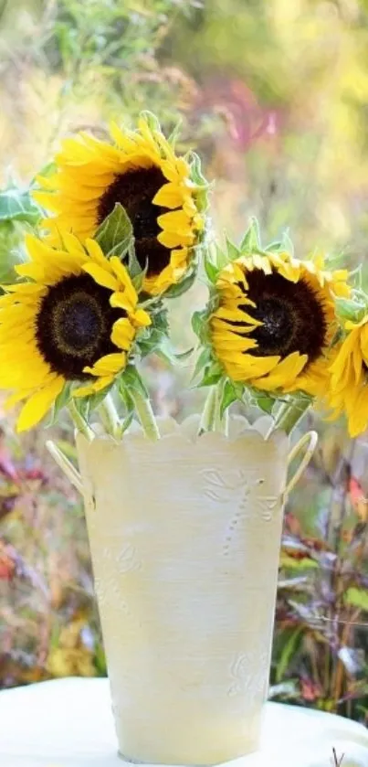 Mobile wallpaper featuring vibrant sunflowers in a decorative vase.