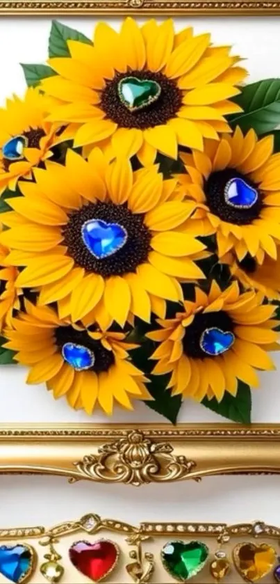 Sunflowers with jewel accents and gold frame.