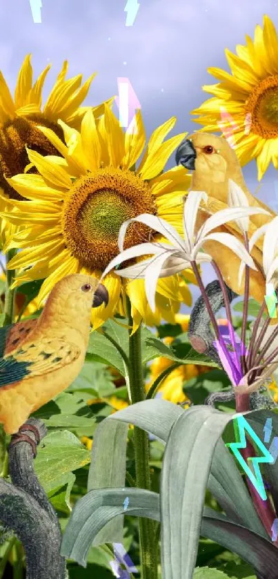 Parrots perched among bright sunflowers under a clear blue sky.