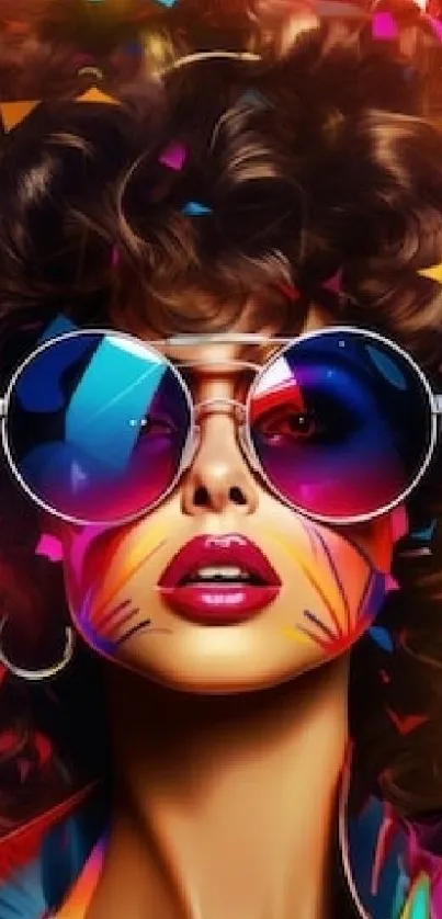 Colorful portrait of woman in sunglasses with artistic face paint.