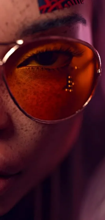 Close-up art with orange sunglasses and vibrant colors.