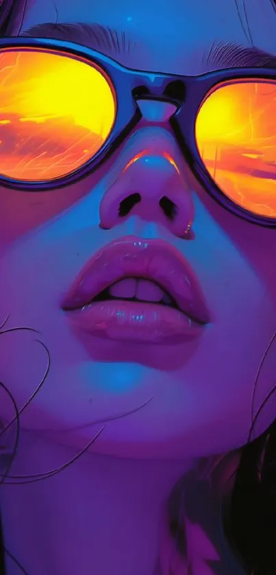 Close-up of vibrant sunglasses reflecting sunset hues in digital art.