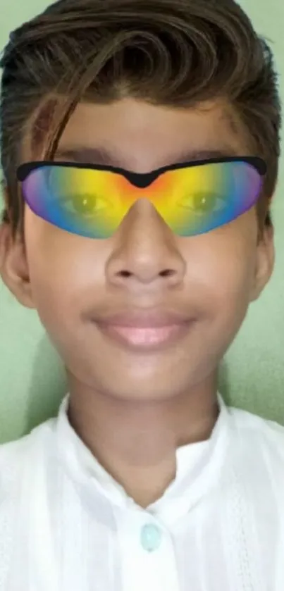 Youth wearing vibrant rainbow sunglasses on a green background.