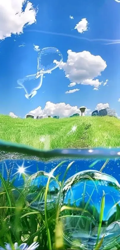 Tranquil meadow with bubbles in vibrant sunshine.