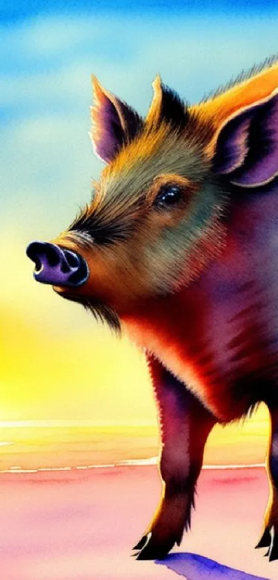 Colorful boar at sunrise with vibrant hues.