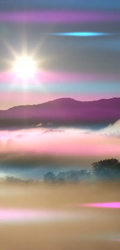 A vibrant sunrise over misty mountains with pink and purple hues.