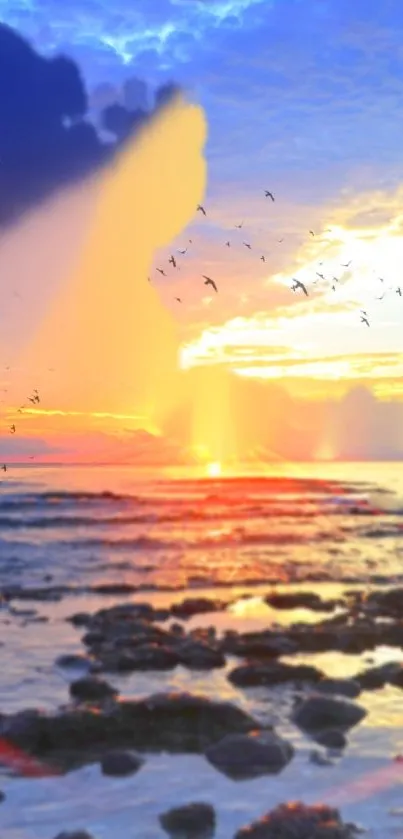 Vibrant sunrise over ocean with colorful clouds and gentle waves.