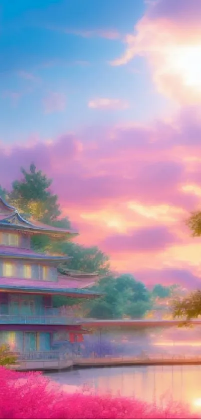 Vibrant sunrise over a pagoda with colorful balloons floating in the sky.