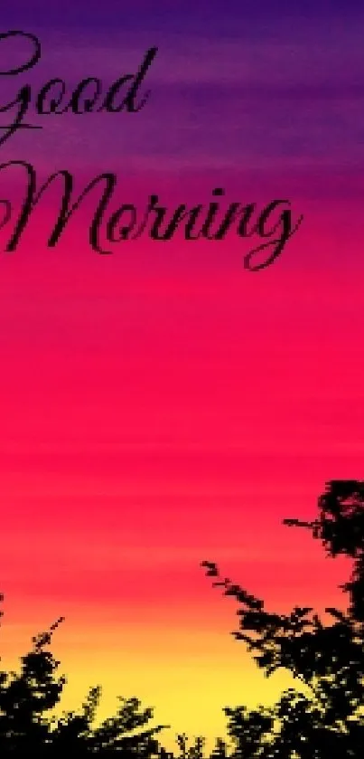 Good morning wallpaper with vibrant sunrise and silhouette trees.