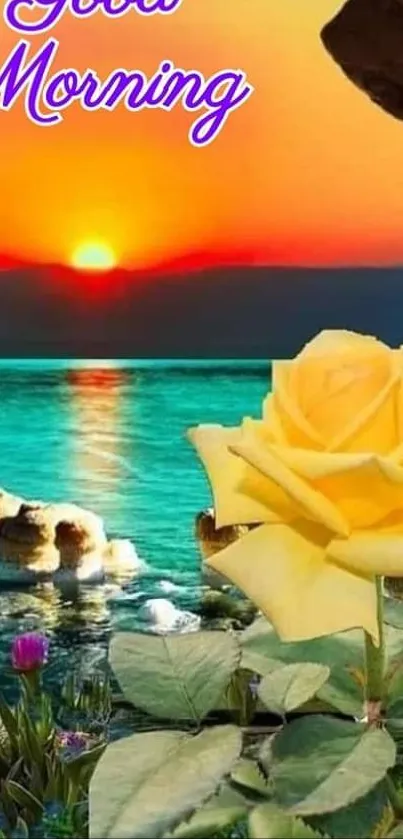 Good morning text with yellow rose at ocean sunrise.