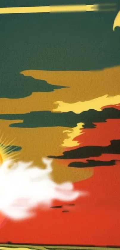 Colorful abstract sunset with dynamic red, yellow, and green hues.