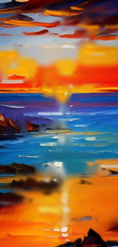 Abstract sunset with vibrant colors reflecting over the ocean waves.