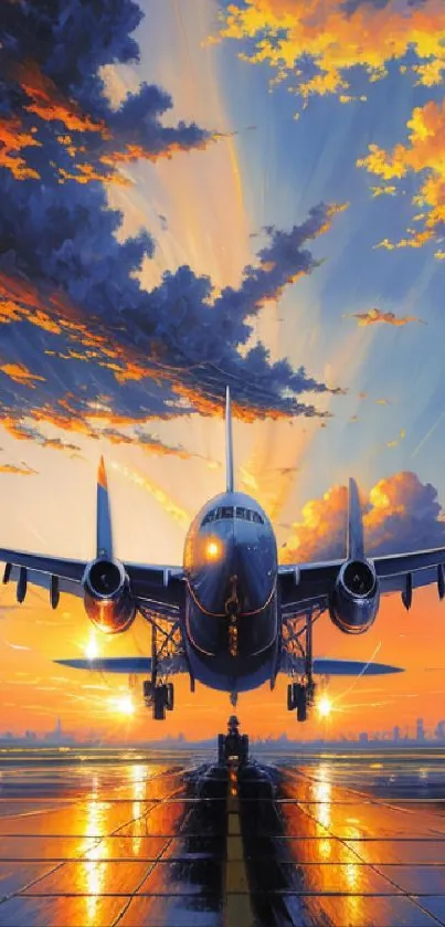 Airplane taking off at sunset with vibrant orange sky.