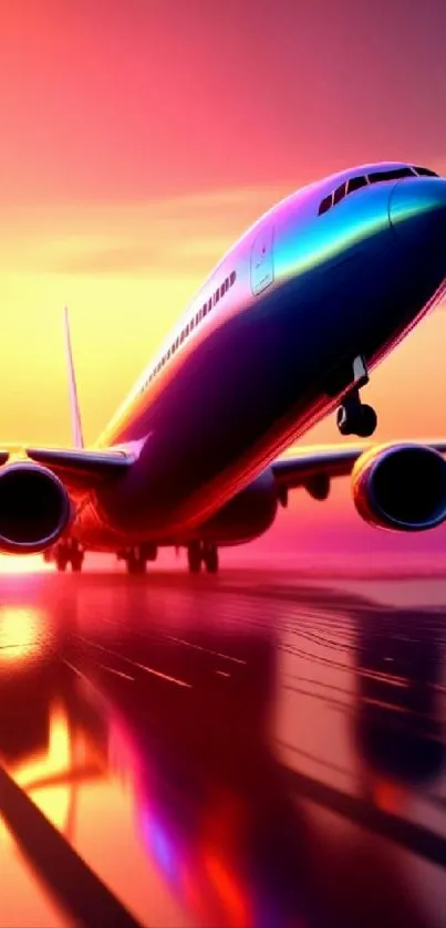 Airplane silhouette with vibrant sunset sky reflection.