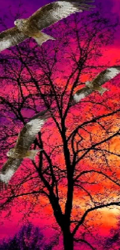 Sunset with birds flying over a silhouetted tree in vibrant colors.