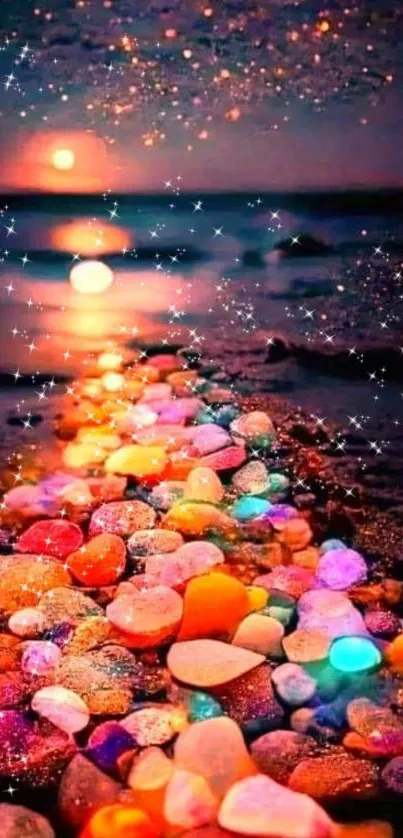 Vibrant sunset on a beach with colorful stones and sparkling water.